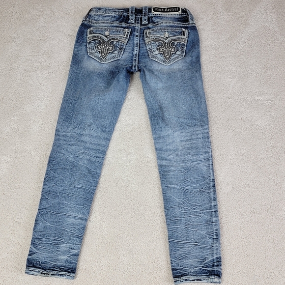 Rock Revival Peacoat Mid Rise Distressed Ankle Skinny Denim Blue Jeans Sz 26 - Picture 4 of 16